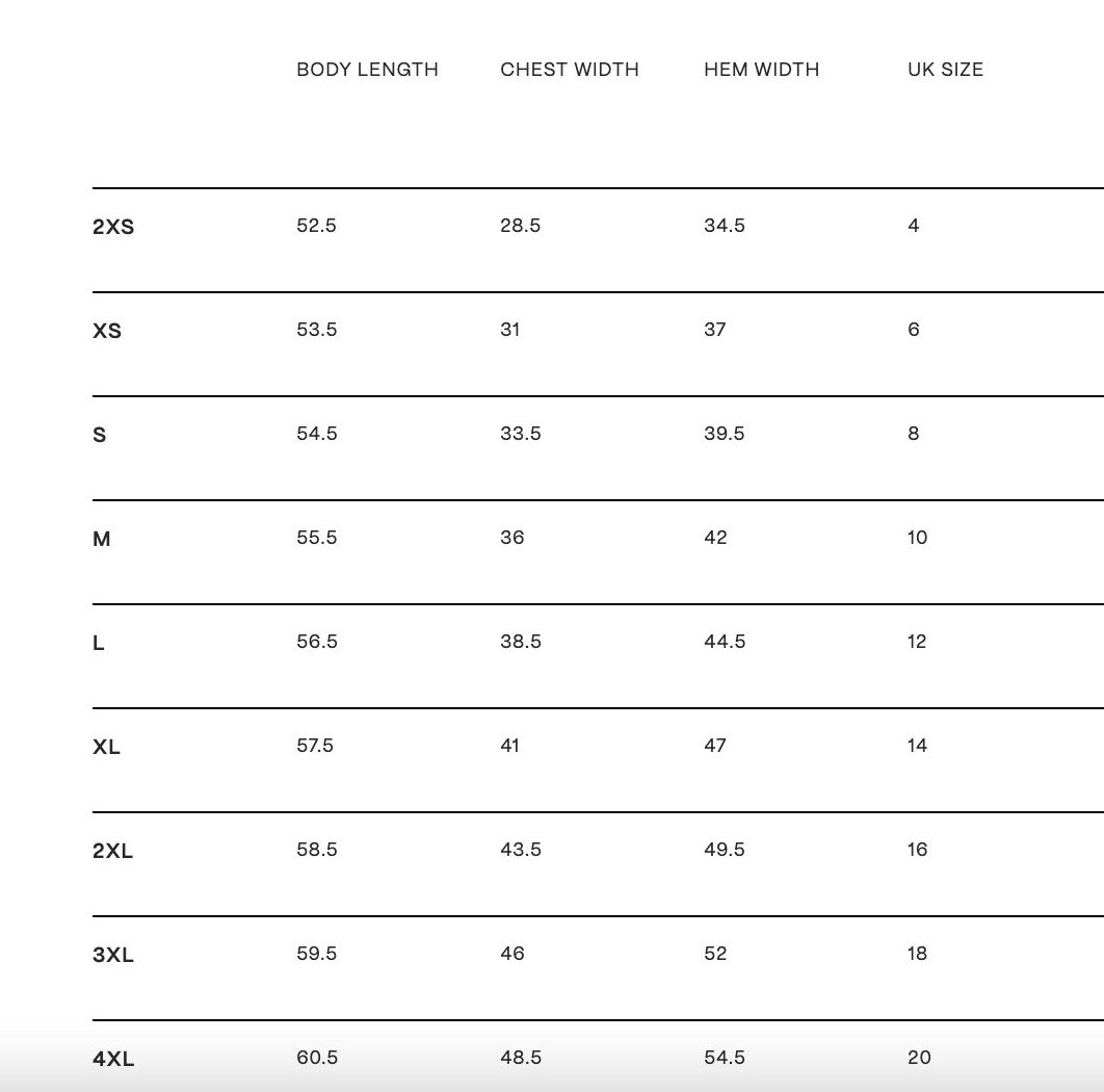 Maebe's size chart